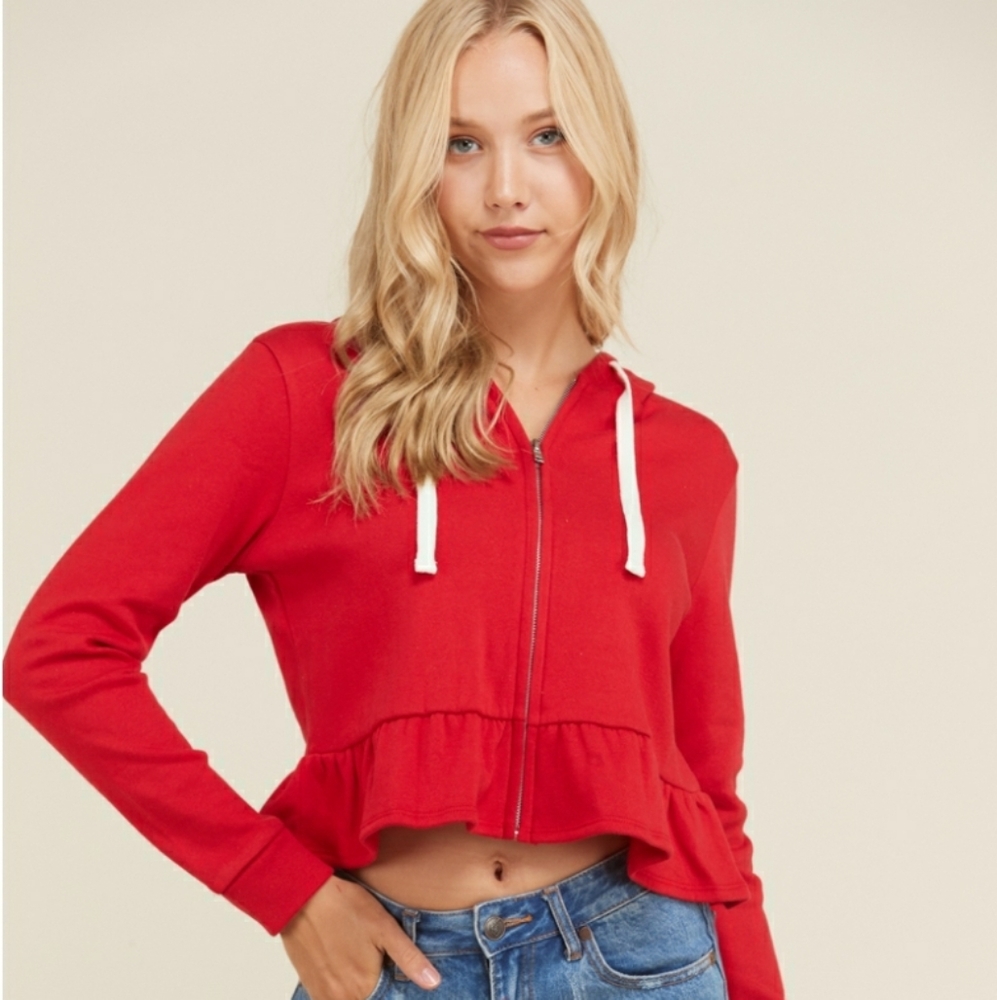 #10115-2 Women’s Ruffle Hem Hoodie Ziput Fleece Jacket,red,S/M/L